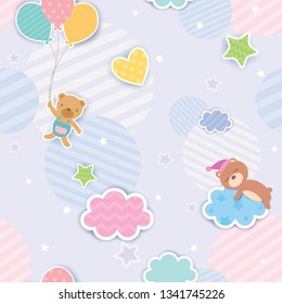 Illustration vector of cute bear with balloon and clouds design to seamless pattern