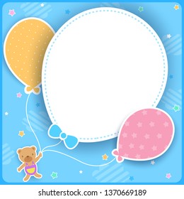 Illustration vector of cute bear with balloons  design with frame template on blue background.