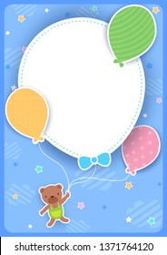 Illustration vector of cute bear with balloons  design with frame template on blue background.