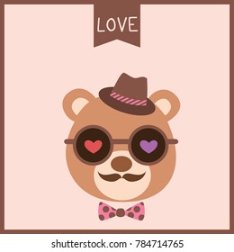 Illustration vector of a cute bear put on sunglasses decorated with hearts, bow tie and hat for valentine's day card design on hipster style.