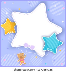 Illustration vector of cute bear with star balloons  design with frame template on purple background.
