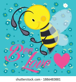 Ilustración vector linda abeja con corazón y texto en segundo plano