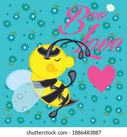 Illustration vector cute bee with heart and text in background