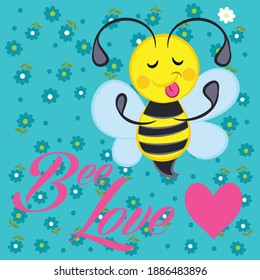 Illustration vector cute bee with heart and text in background