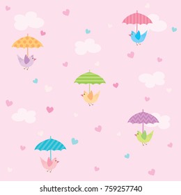 Illustration vector of cute birds holding umbrella with raining heart in pink sky background design for seamless pattern.