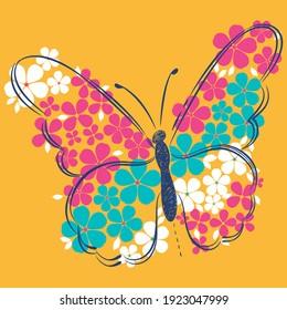 Illustration vector cute butterfly with text and flowers for fashion design