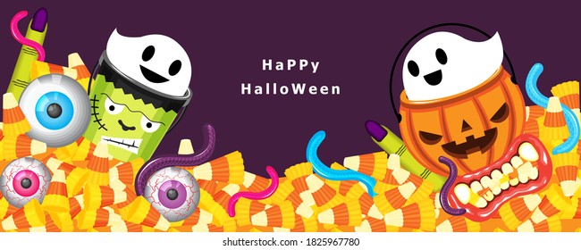 Illustration vector cute cartoon banner on Happy halloween Day decoration on table setting for kids party as concept. Candy corn , worm gummy jelly , sweet eyes, dracula teeth in witch pot.