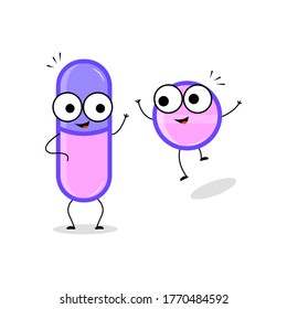 ilustración de píldoras de personajes de dibujos animados lindos. píldoras y medicamentos médicos. concepto de diseño aislado sobre fondo blanco.