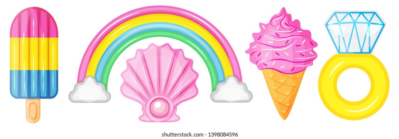 Illustration vector cute cartoon of inflatable mattress collection. Ice cream stick, rainbow with cloud,pearl,ice cream cone,diamond ring isolated on white background for decorate pool party on summer