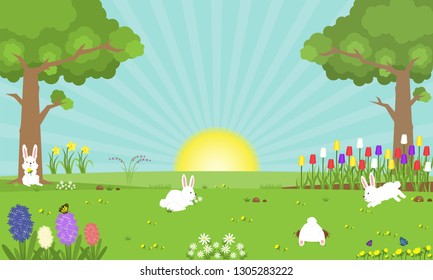 Illustration vector cute cartoon landscape scene of rabbits on green grass on spring season as Easter day concept 