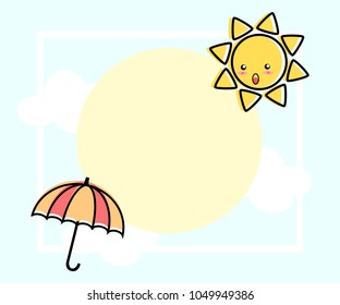 Illustration Vektorillustration von süßem Cartoon, Sonne und Regenschirm. Bild mit Kopienraum zum Schreiben oder zur Produktwerbung.