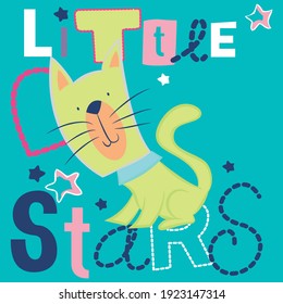 Ilustración vector lindo gato con texto y fondo para el diseño de moda