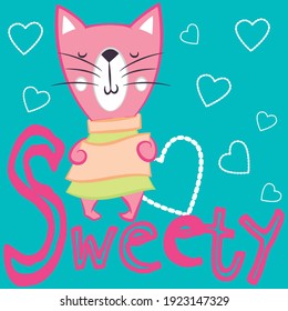 Ilustración vector lindo gato con texto y fondo para el diseño de moda