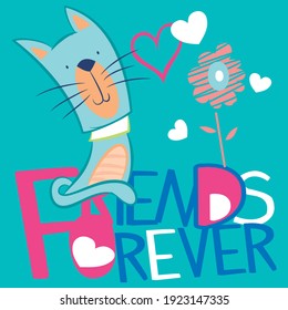 Illustration vector cute cat with text and background for fashion design