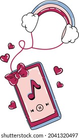 illustration vector cute cell phone and headset rainbow clouds hearts and new musical sweet isolated