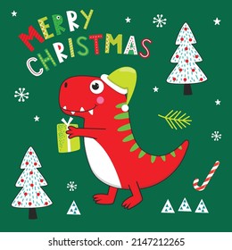Illustration vector of cute Christmas dinosaur with red and green color