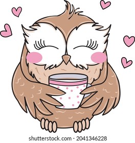 illustration vector cute coffe owl smile coffee hearts isolated white background