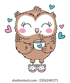 illustration vector cute coffee owl slippers smile coffee isolated white background