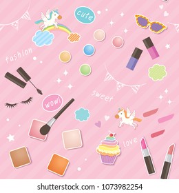 Illustration vector of cute cosmetics, cupcake and fashion decorated with unicorn and rainbow design for seamless pattern on pink pastel background.