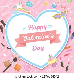 Illustration vector of cute cosmetics, cupcake and fashion decorated with unicorn and rainbow design for Valentine's day.