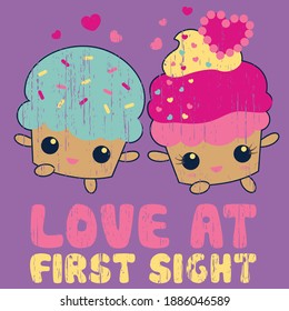 Illustration vector cute couple ice cream in style kawaii for graphic kids with background