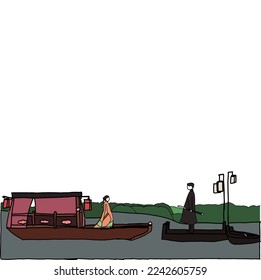 Illustration vector of cute couple. A man waiting for his woman by the lake. In the painting inspired by one of the scenes from a famous Korean drama.