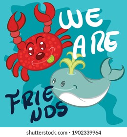 Illustration vector cute crab with text and sun in background