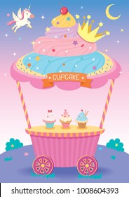Illustration vector of cute cupcake cart for party with unicorn on fantasy background