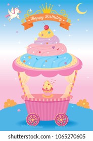 Illustration vector of cute cupcake cart for party with unicorn on fantasy background design for Birthday card.