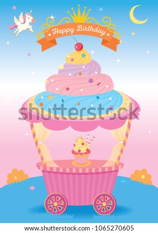 Illustration vector of cute cupcake cart for party with unicorn on fantasy background design for Birthday card.