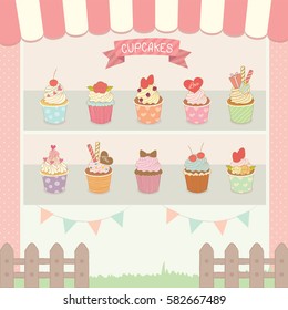 Illustration vector of cute cupcakes cafe.