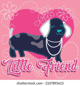 Illustration vector cute dog with heart and text flowers background