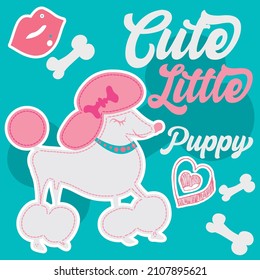 Illustration vector cute dog with heart and text flowers background