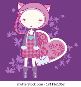 Illustration vector cute doll with butterfly and background for fashion design