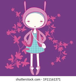 Illustration vector cute doll with butterfly and background for fashion design