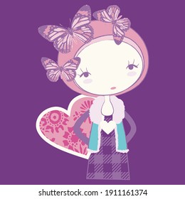 Illustration vector cute doll with butterfly and background for fashion design