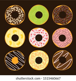 Illustration vector cute donuts set dessert for cafe, print, wallpaper, etc