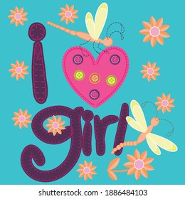 Illustration vector cute dragonfly with heart and text in background for fashion kids design
