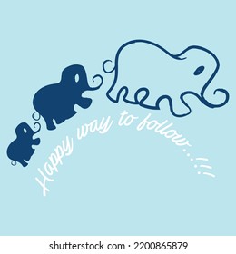 Ilustración vectorial elefante lindo, con bebés y fondo celeste, estilo de verano de primavera bebé