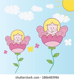 Illustration vector cute fairy with flowers of spring and text in background for fashion kids design