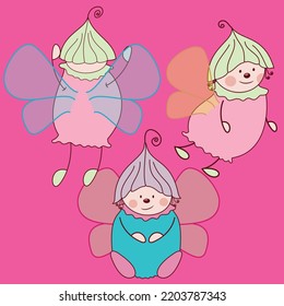 illustration vector cute fairy with friends, pink background. fashion design.