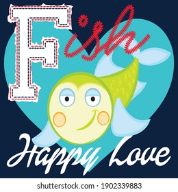 Ilustración vectorial peces lindos con fondo de texto y corazón