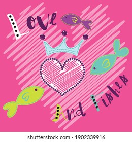 Illustration vector cute fish with text in cartoon style with background