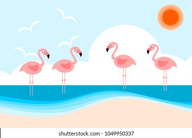 Illustration vector of cute flamingos on the beach. Hello sea and summer season concept.