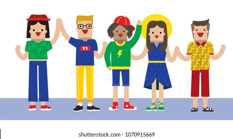 Illustration vector cute flat cartoon character isolated on white background. Diverse group of friend having fun together at university with summer fashion. Millennial generation.