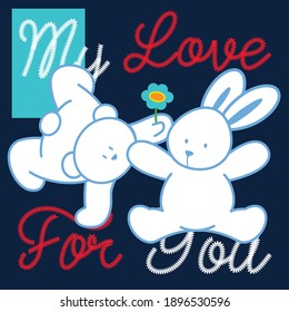 Illustration vector cute friends, bear, rabbit with text and background for fashion design