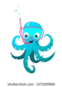 Illustration vector of cute and funny octopus diver with snorkeling mask and snorkel on the white background. For kids and babies t-shirt prints, posters and other uses.