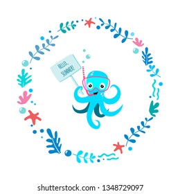 Illustration vector of cute and funny octopus diver with snorkeling mask and snorkel in circle of aglae on the white background. For kids and babies t-shirt prints, posters and other uses. Vector