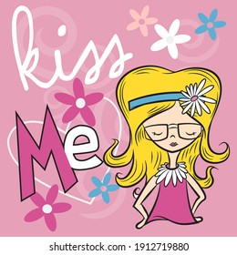 Illustration vector cute girl with text and background for fashion design