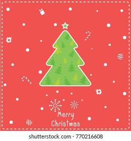 Illustration vector of cute green christmas tree decorated on snow red background for Merry Christmas festival